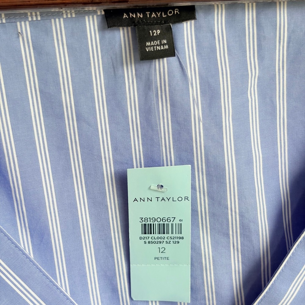Ann Taylor NEW Striped Faux Wrap Dress 12 Petite Blue White Cotton Long Sleeve - Picture 10 of 12